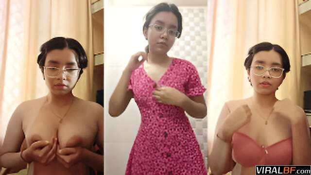 Innocent Indian girl in bathroom presses soft boobs on live call following guy instructions